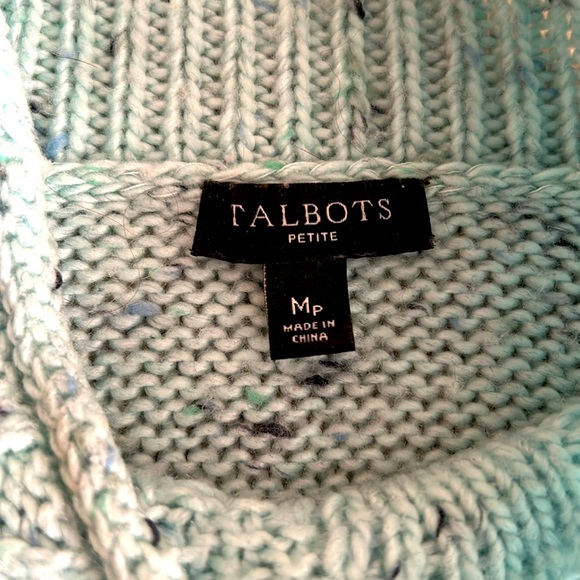 Talbots mock neck cable knit sweater.  Mint aqua color. Medium Petite. Speckled - Picture 7 of 10